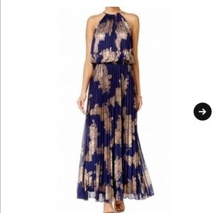 Metallic-Print Pleated Maxi Gown